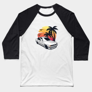 Whte E34 Classic Sedan wih Sunset Baseball T-Shirt